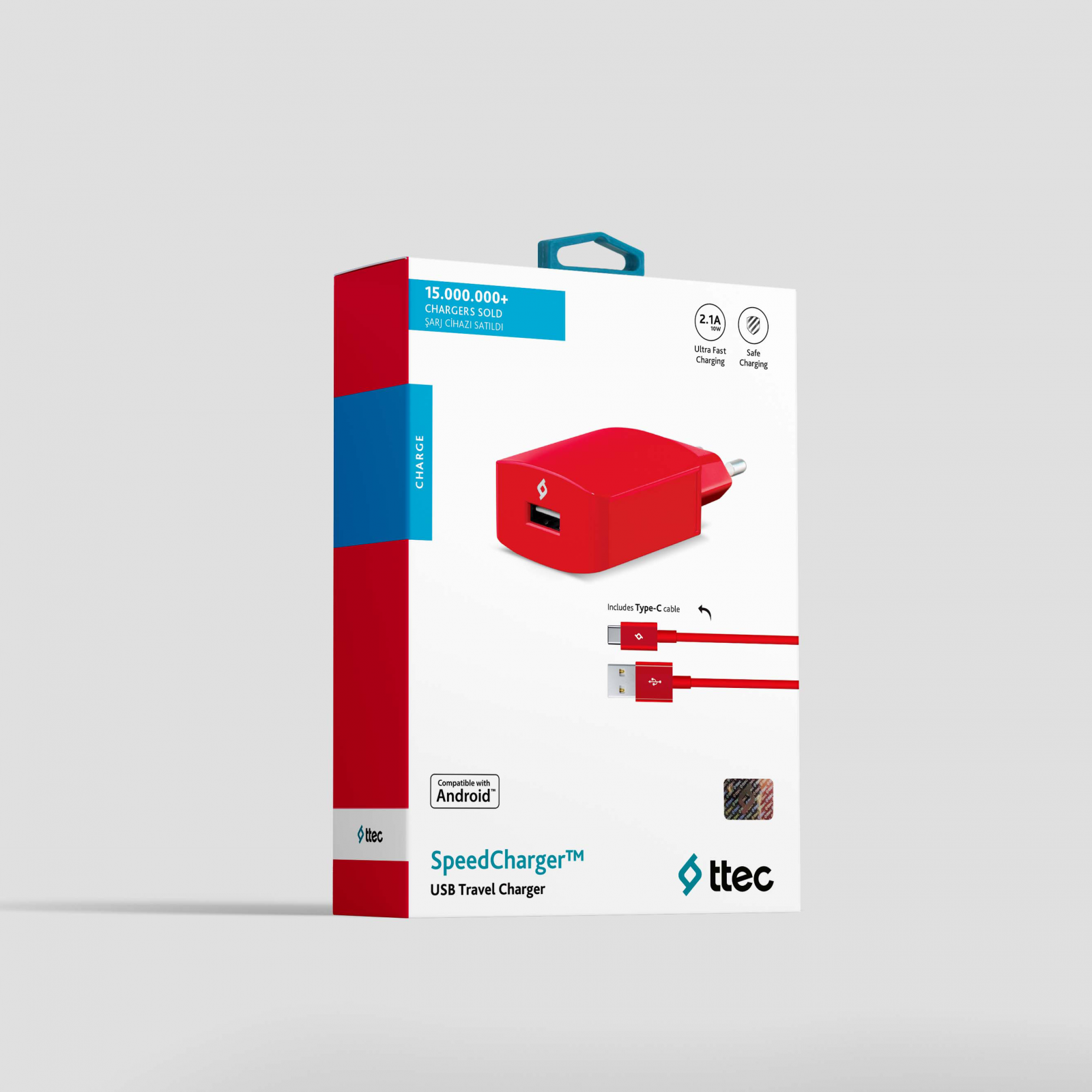 Зарядно 220V SpeedCharger USB Travel Charger, 2,1A, incl, Type C Cable - Червено,116243