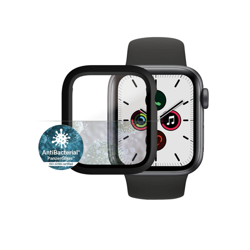 Стъклен протектор със силиконова рамка Apple watch Series 4/5/6/SE 40mm Panzerglass, AntiBacterial- Черна  рамка