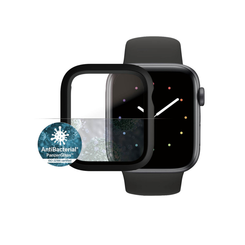 Стъклен протектор със силиконова рамка Apple watch Series 4/5/6/SE 44mm Panzerglass, AntiBacteria - Черна рамка