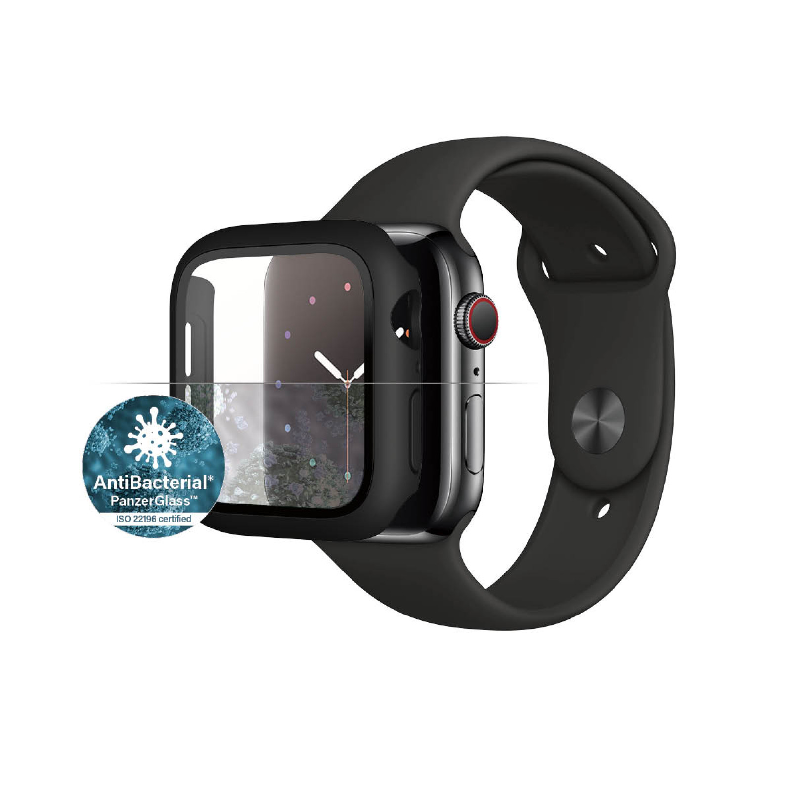 Стъклен протектор със силиконова рамка Apple watch Series 4/5/6/SE 44mm Panzerglass, AntiBacteria - Черна рамка