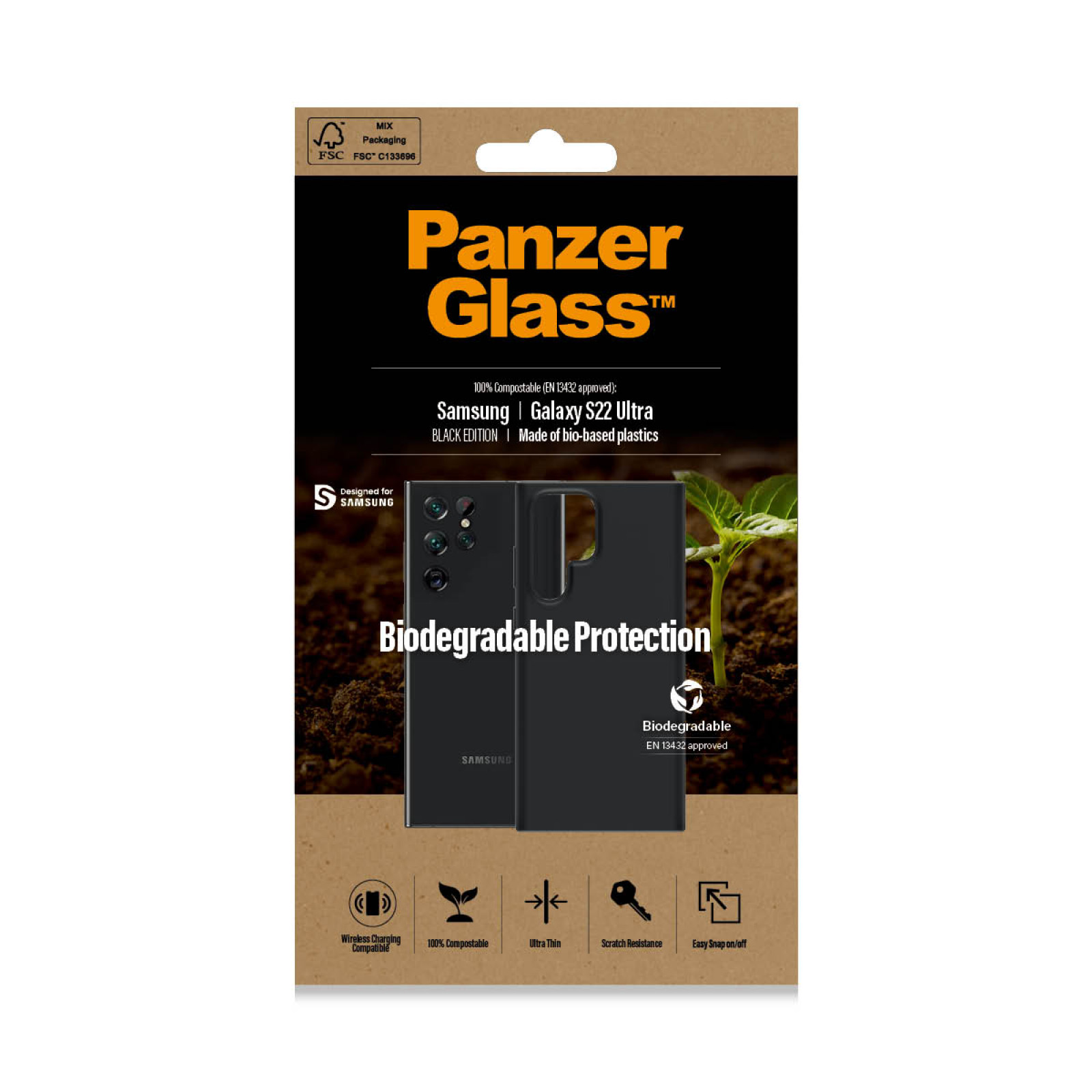 Гръб PanzerGlass за Samsung S22 Ultra, Biodegradable, Черен