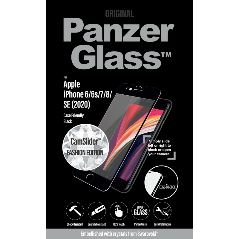 Стъклен протектор PanzerGlass за Apple Iphone 7/8/6/6s/SE2020/SE3 CaseFriendly, CamSlider,  Swarovski - Черно