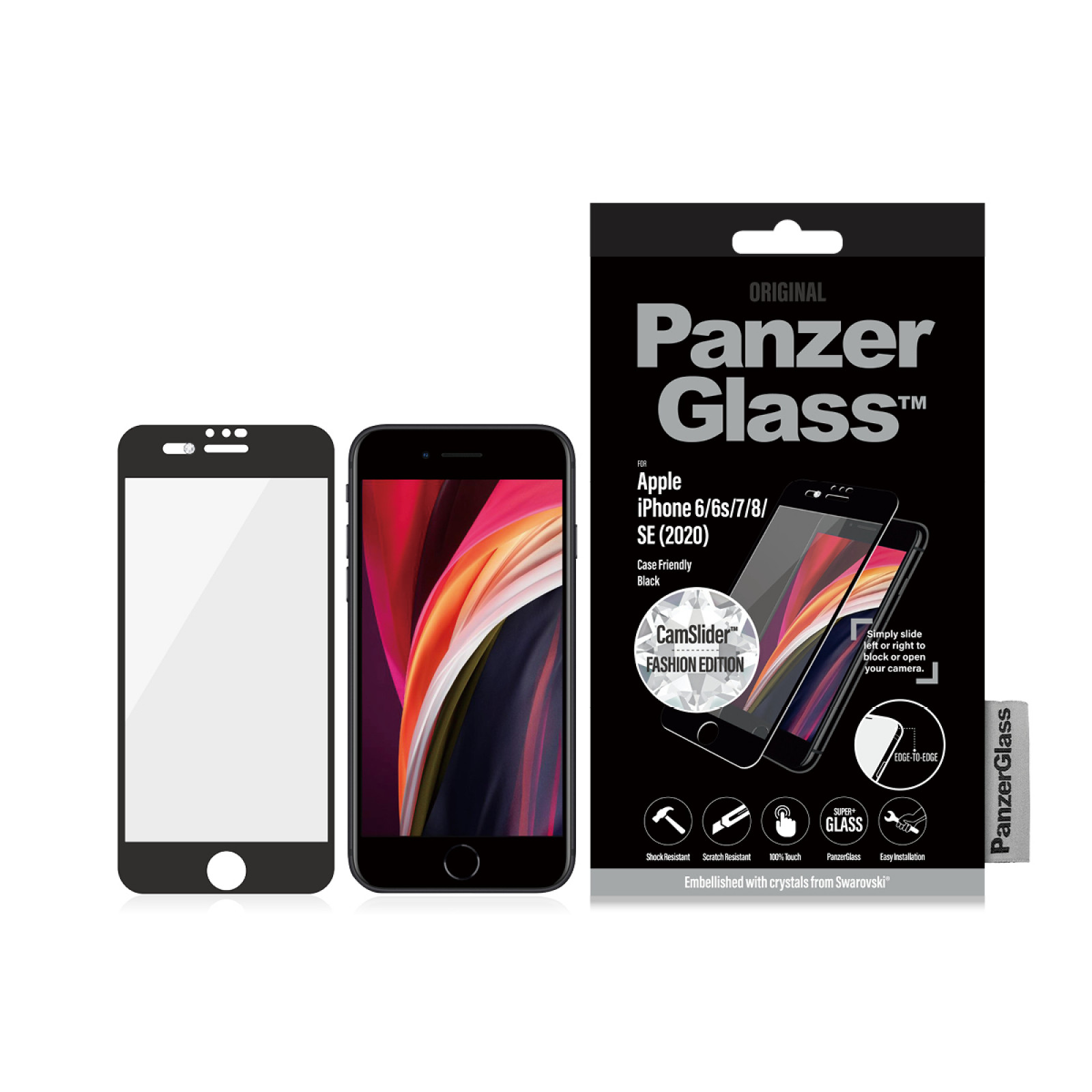 Стъклен протектор PanzerGlass за Apple Iphone 7/8/6/6s/SE2020/SE3 CaseFriendly, CamSlider,  Swarovski - Черно