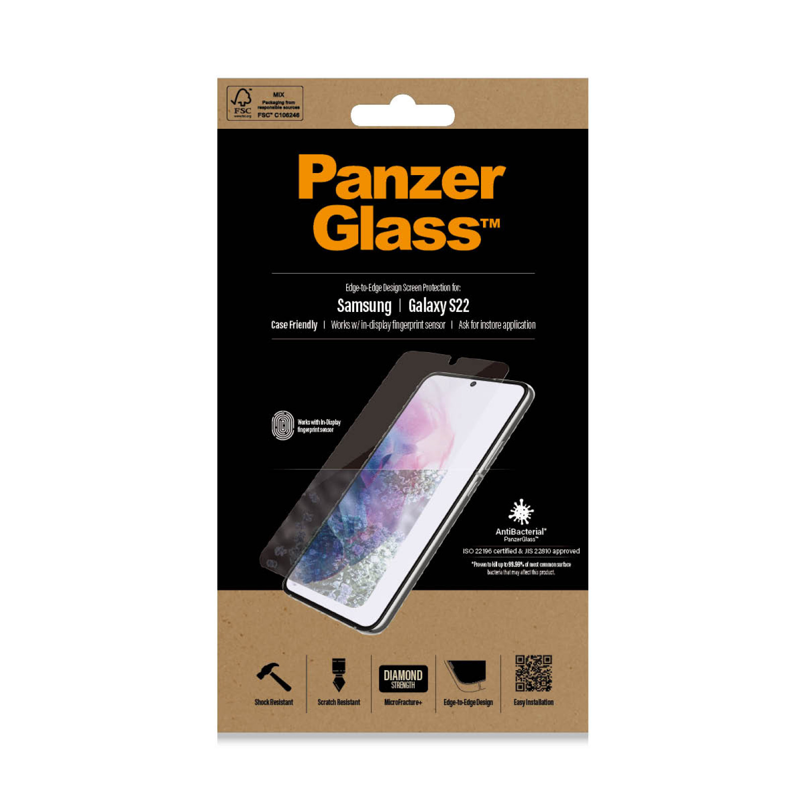 Стъклен протектор PanzerGlass за Samsung Galaxy S22 FingerPrint, CaseFriendly, AntiBacterial,Черен