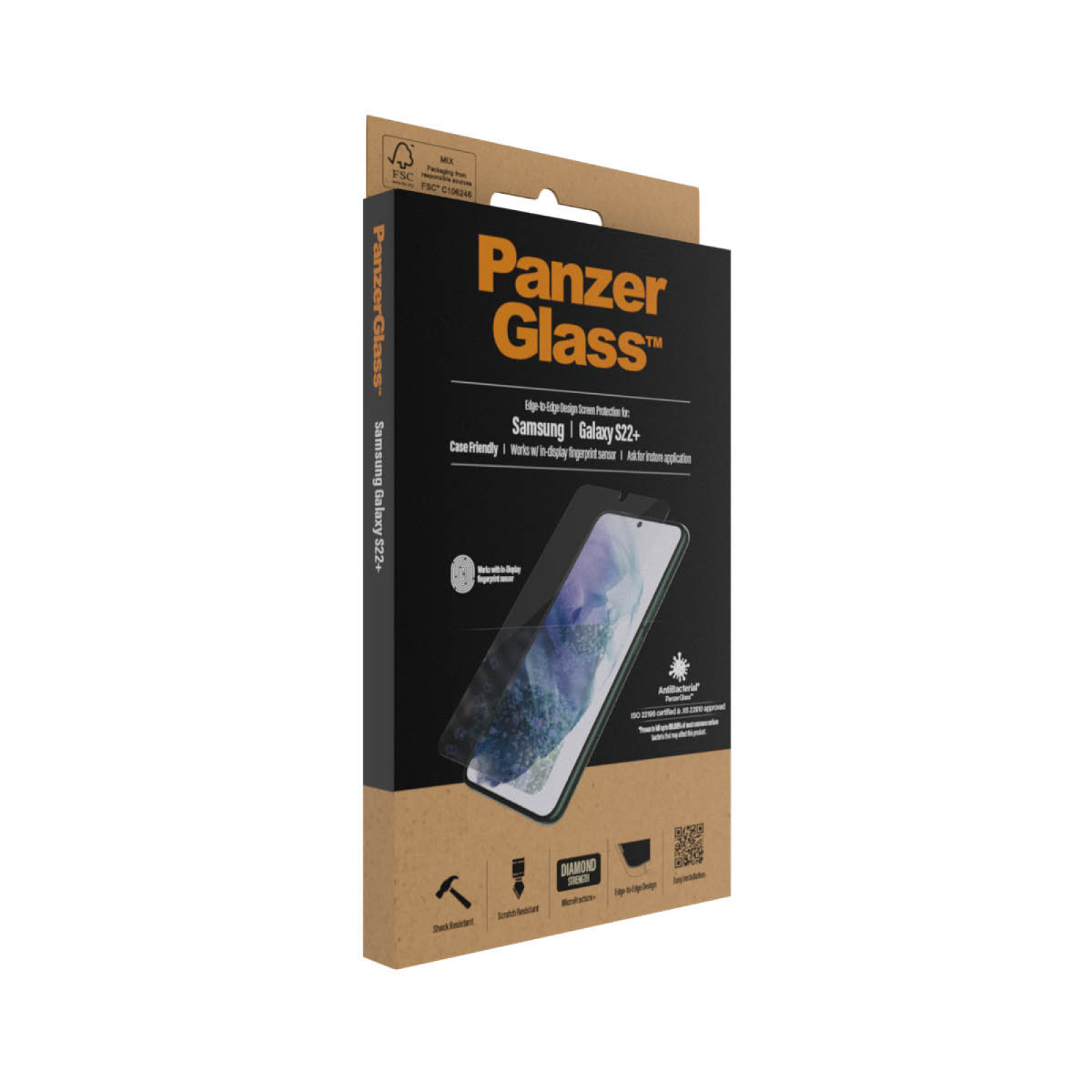 Стъклен протектор PanzerGlass за Samsung Galaxy S22 Plus FingerPrint, CaseFriendly, AntiBacterial,Черен