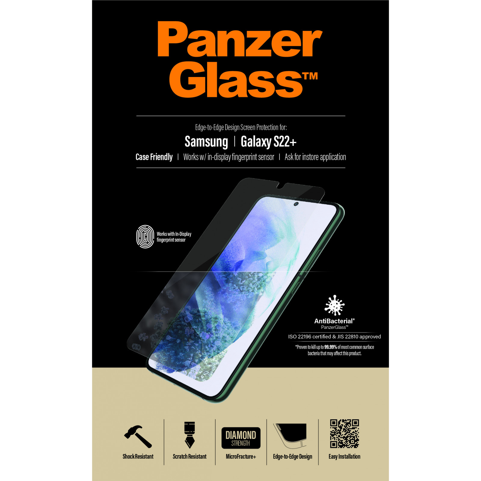 Стъклен протектор PanzerGlass за Samsung Galaxy S22 Plus FingerPrint, CaseFriendly, AntiBacterial,Черен