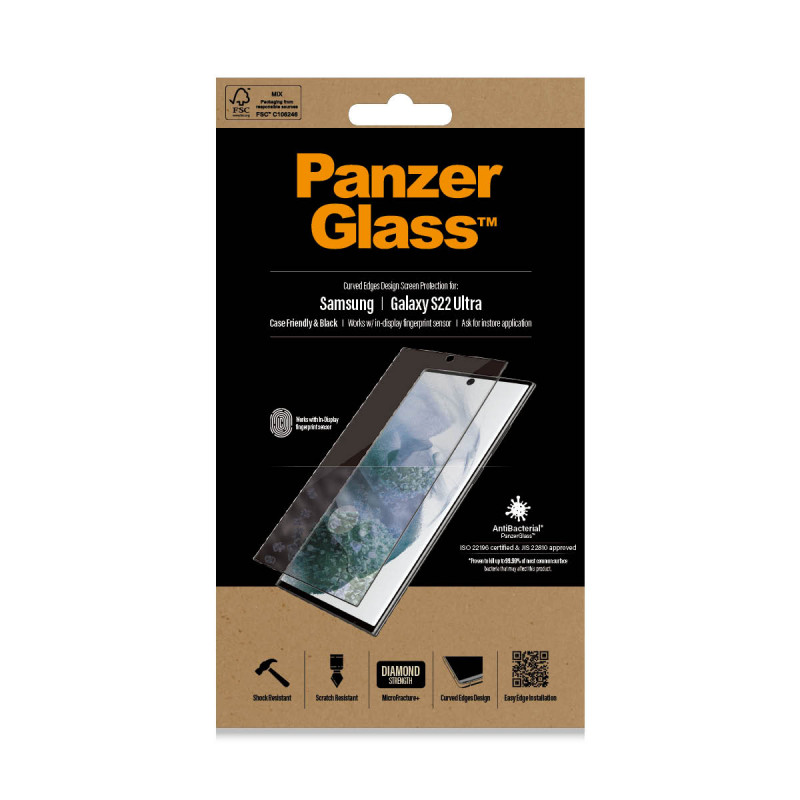 Стъклен протектор PanzerGlass за Samsung Galaxy S22 Ultra FingerPrint, CaseFriendly, AntiBacterial,Черен