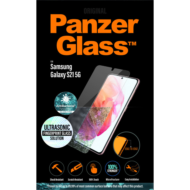 Стъклен протектор  Samsung Galaxy S21 PanzerGlass, Ultrasonic FingerPrint, AntiBacterial - Черен