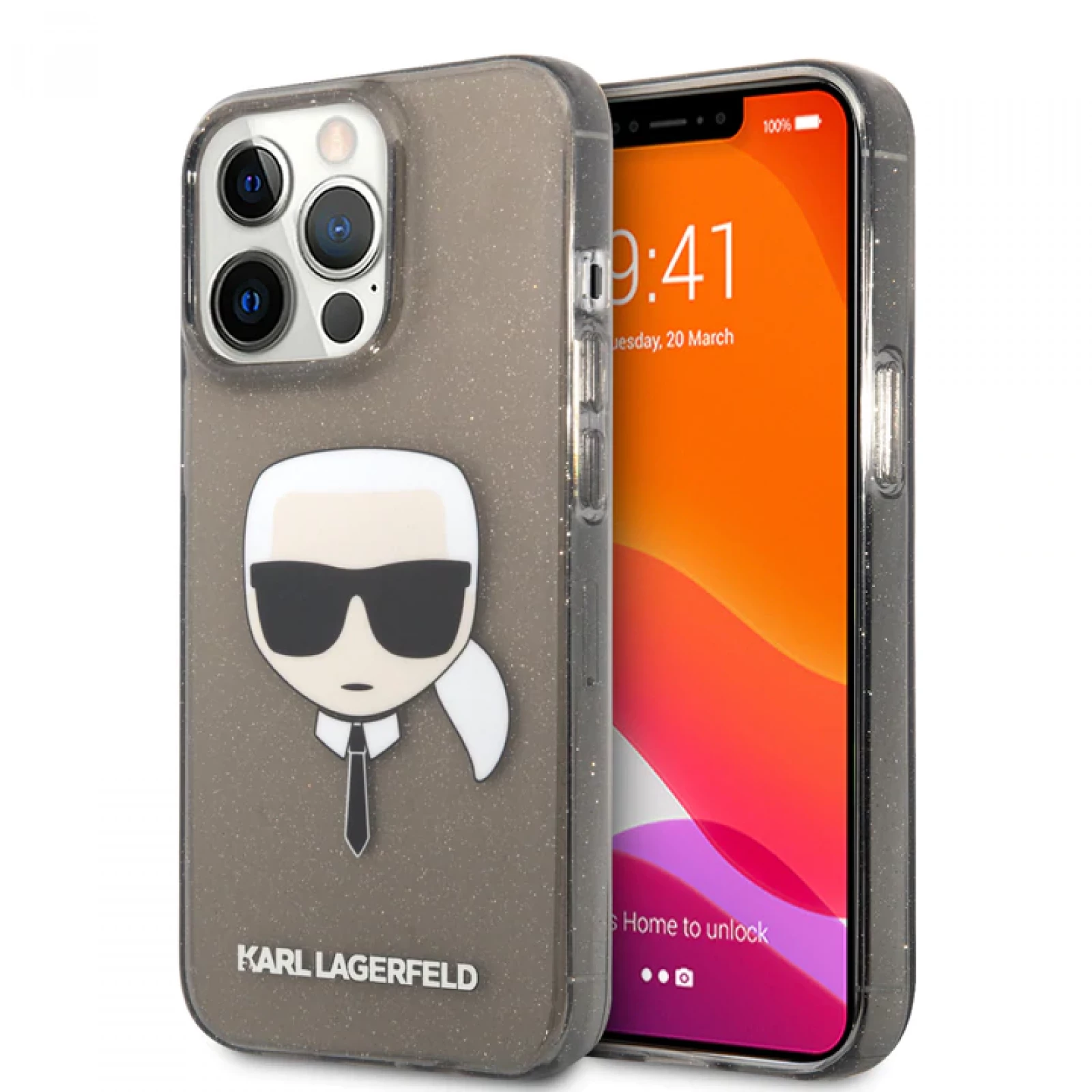 Гръб Karl Lagerfeld TPU Full Glitter Karl Head Case за iPhone 13 Pro - Черен