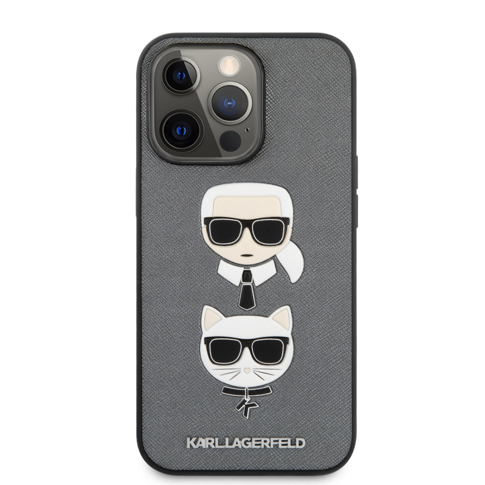 Гръб Karl Lagerfeld PU Saffiano Karl and Choupette Heads Case за iPhone 13 Pro - Сребрист