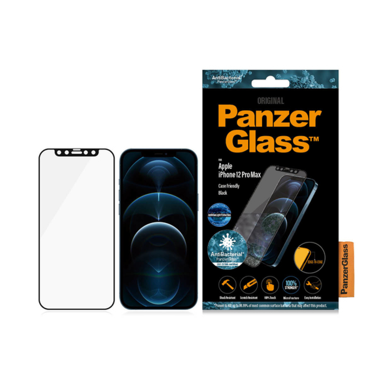 Стъклен протектор PanzerGlass за Apple Iphone 12 Pro Max 6.7 Anti-Bluelight, CaseFriendly, Antibacterial, Pro- Черен