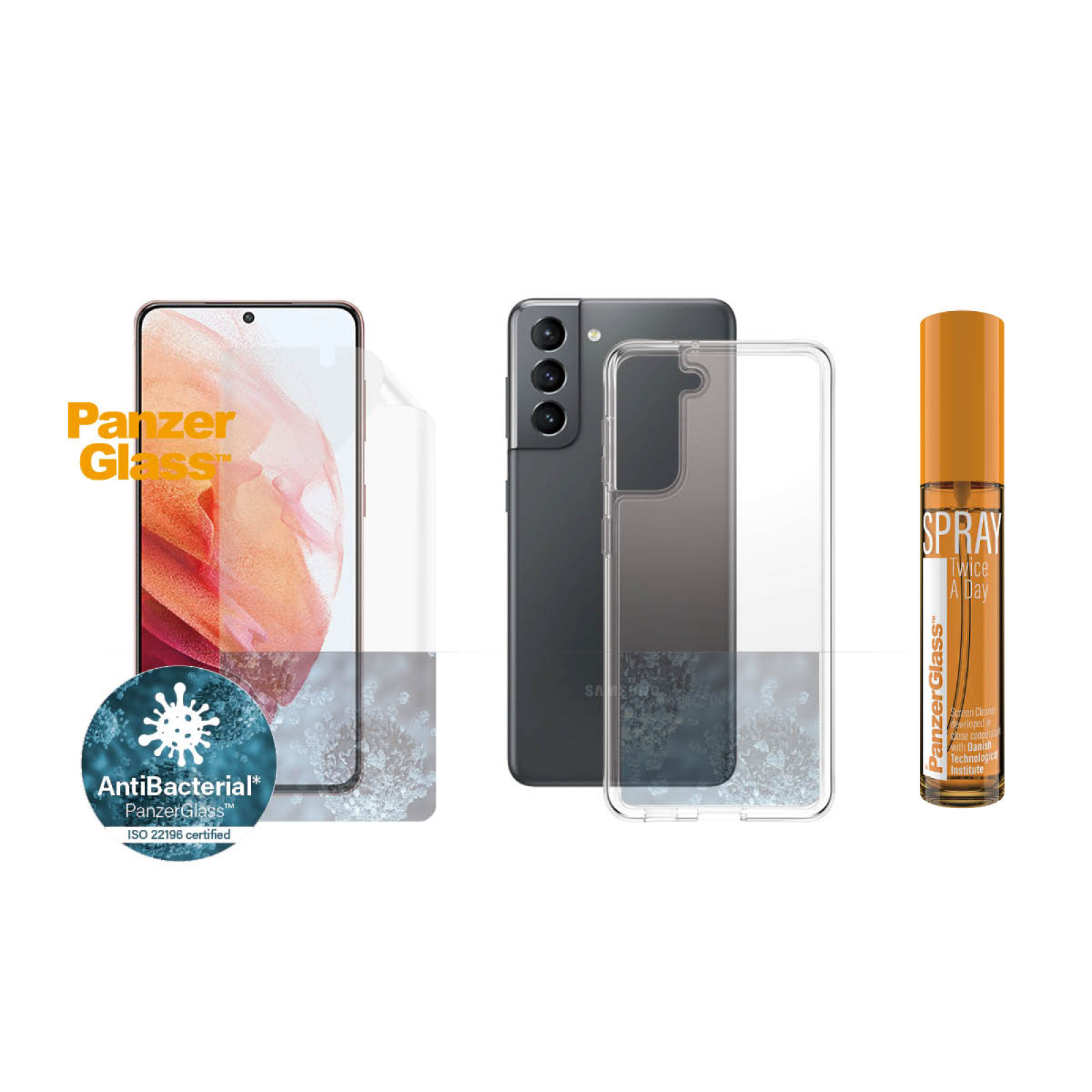 Защитно фолио PanzerGlass за Samsung Galaxy S21 Hygiene Pack (TPU, ClearCase, 30 мл Spray)