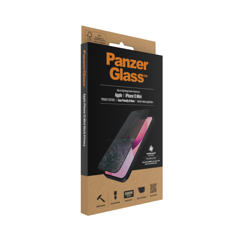 Стъклен протектор PanzerGlass за Apple Iphone 13 mini, Privacy, CaseFriendly, Antibacterial - Черен