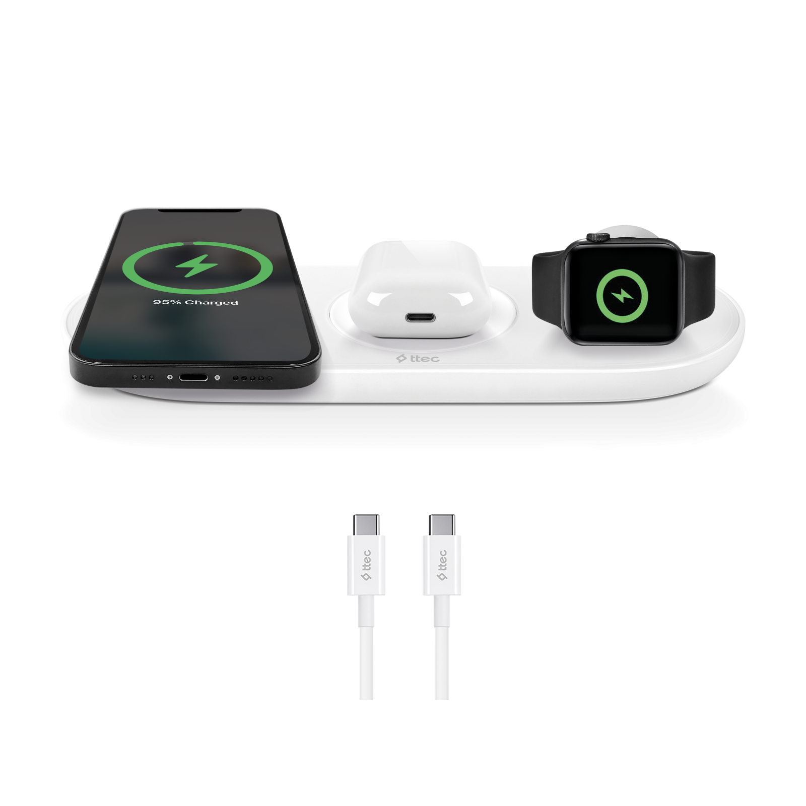 Безжично зарядно ttec AirCharger Trio (3 in 1) iPhone + Apple Watch + AirPods Wireless Speed Charging Station