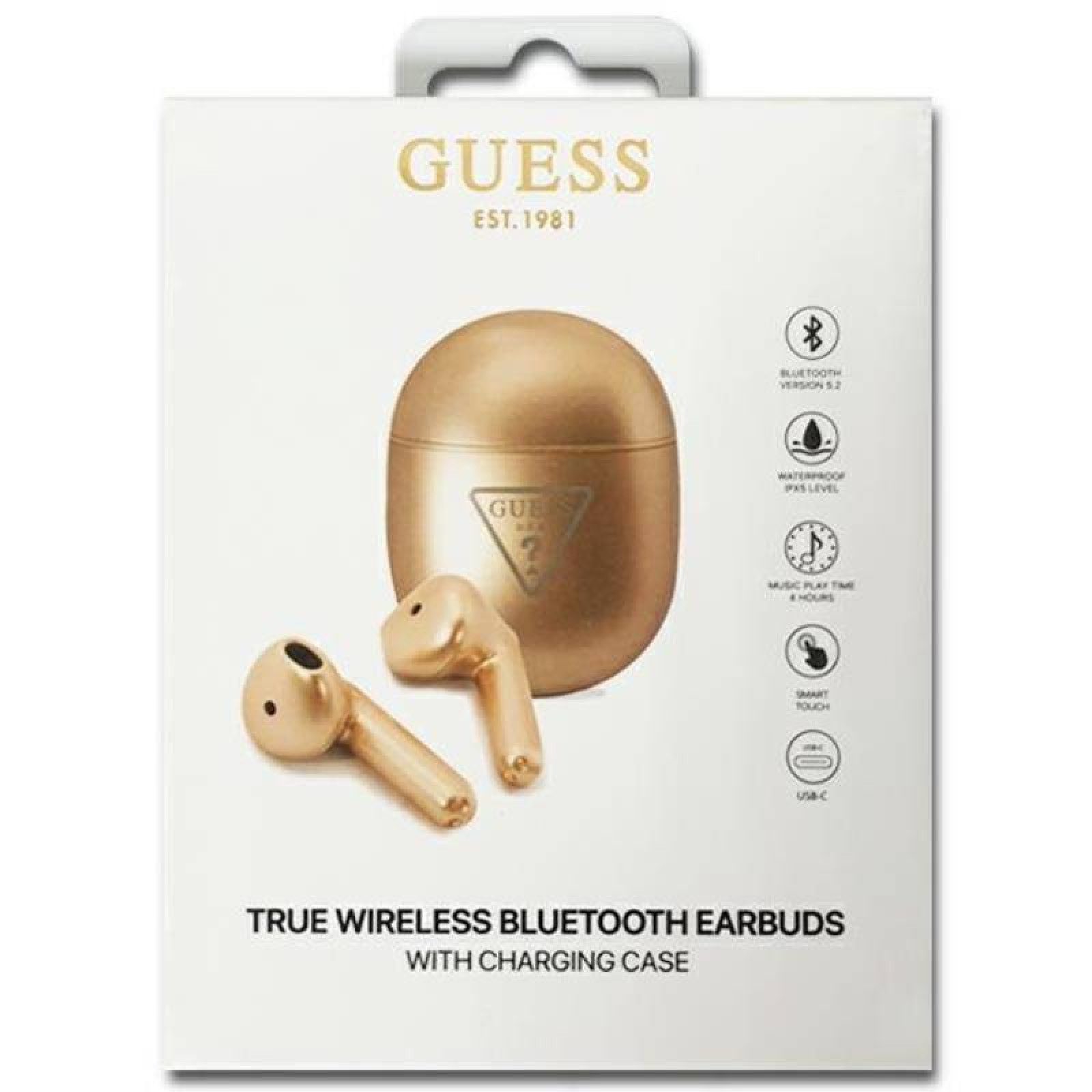 Bluеtooth слушалки Guess True Wireless Triangle Logo BT5.0 4H Stereo Earphones Glossy - Златисти