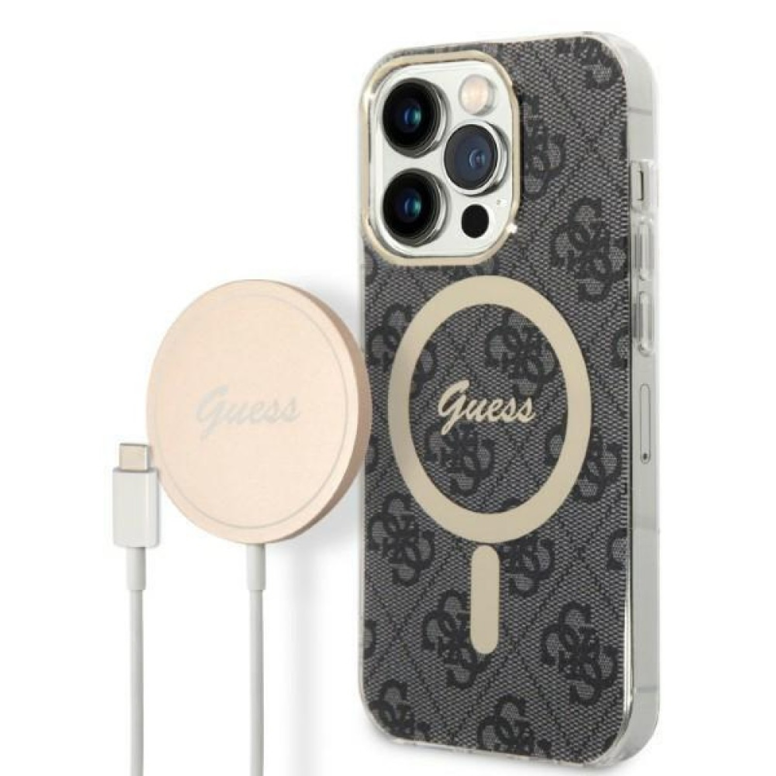 Гръб Guess 4G MagSafe Compatible Case + Зарядно Wireless Charger за iPhone 14 Prо - Черен
