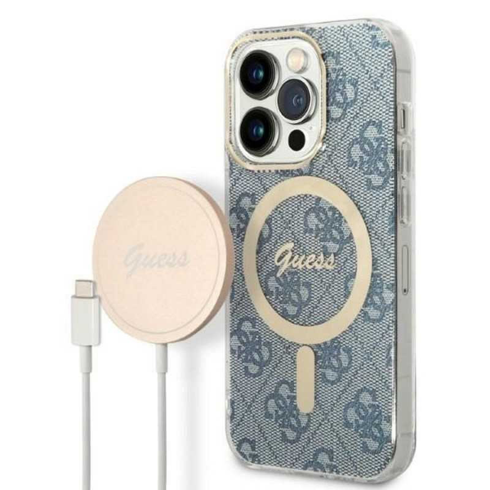 Гръб Guess 4G MagSafe Compatible Case + Зарядно Wireless Charger за iPhone 14 Prо - Син