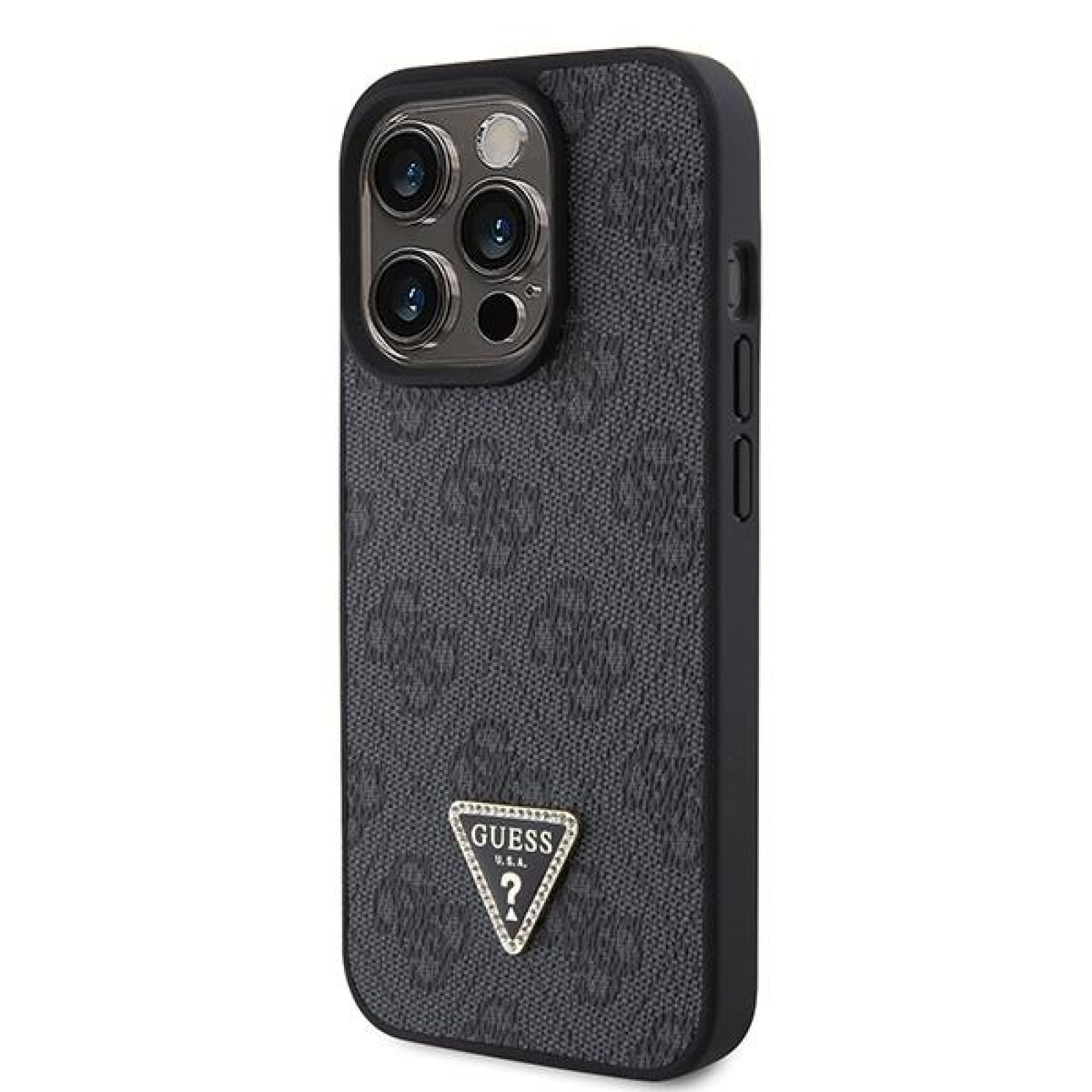 Гръб Guess за iPhone 15 Pro ,PU 4G Strass, Triangle Metal Logo Case, Crossbody Strap, Черен
