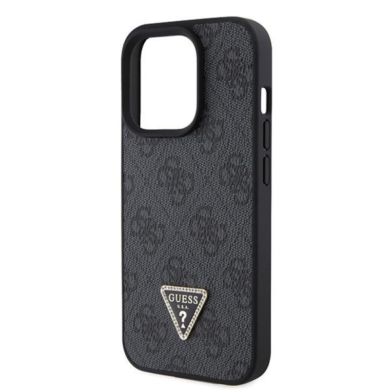 Гръб Guess за iPhone 15 Pro ,PU 4G Strass, Triangle Metal Logo Case, Crossbody Strap, Черен