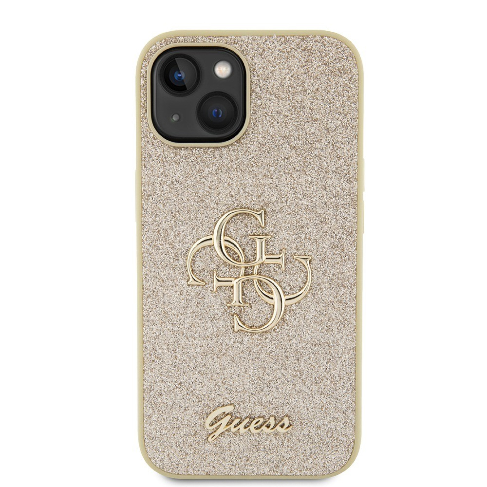 Гръб Guess за iPhone 15 ,PU Fixed Glitter, 4G Metal Logo Case, Златист