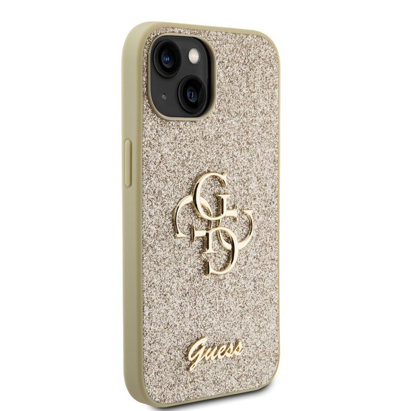 Гръб Guess за iPhone 15 ,PU Fixed Glitter, 4G Metal Logo Case, Златист