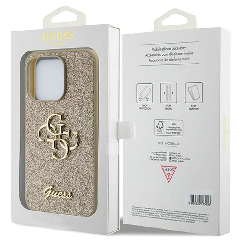 Гръб Guess  за iPhone 15 Pro ,PU Fixed Glitter, 4G Metal Logo Case, Златист