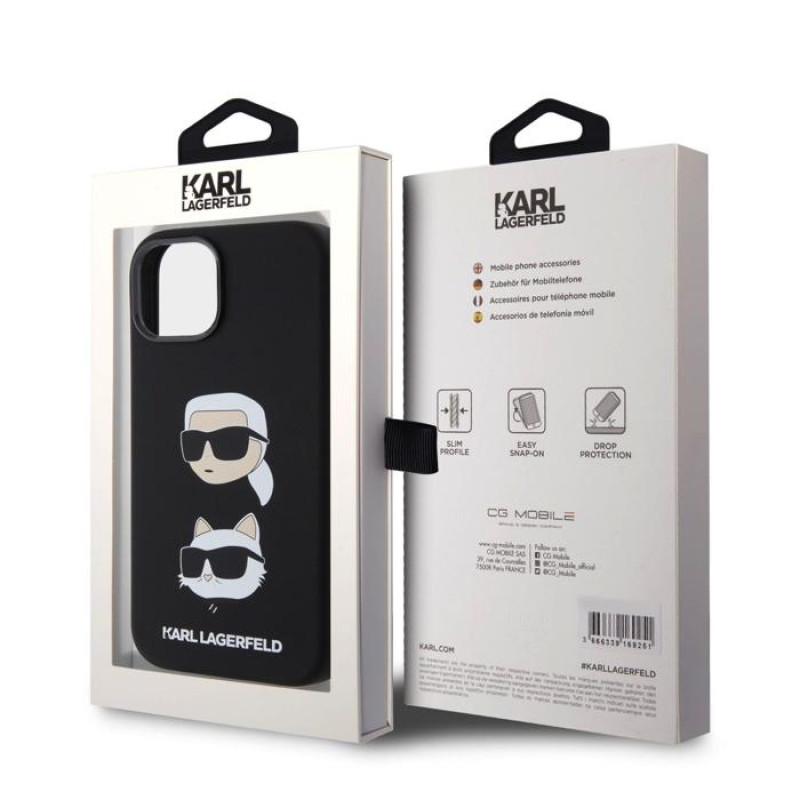 Гръб Karl Lagerfeld Liquid Silicone Karl and Choupette Heads Case за iPhone 15 - Черен