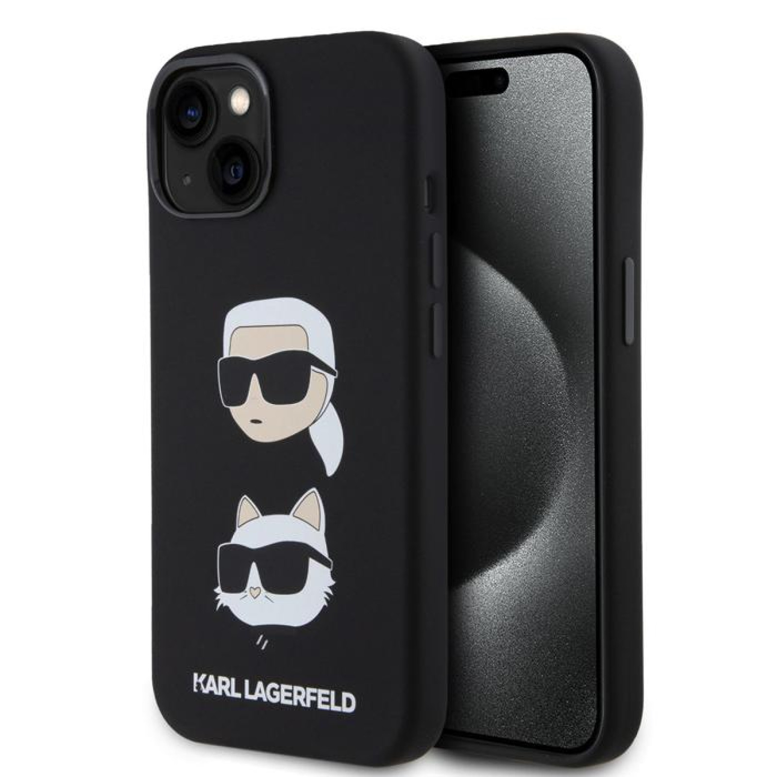 Гръб Karl Lagerfeld Liquid Silicone Karl and Choupette Heads Case за iPhone 15 - Черен