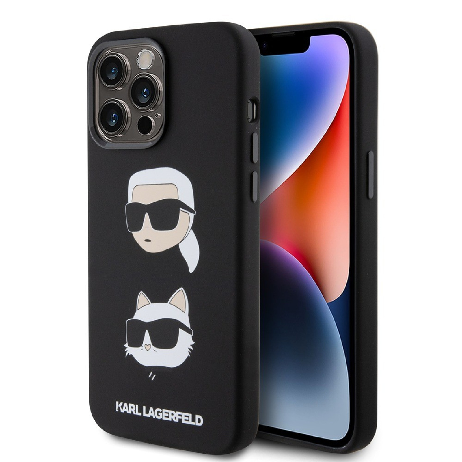 Гръб Karl Lagerfeld Liquid Silicone Karl and Choupette Heads Case за iPhone 15 Pro - Черен