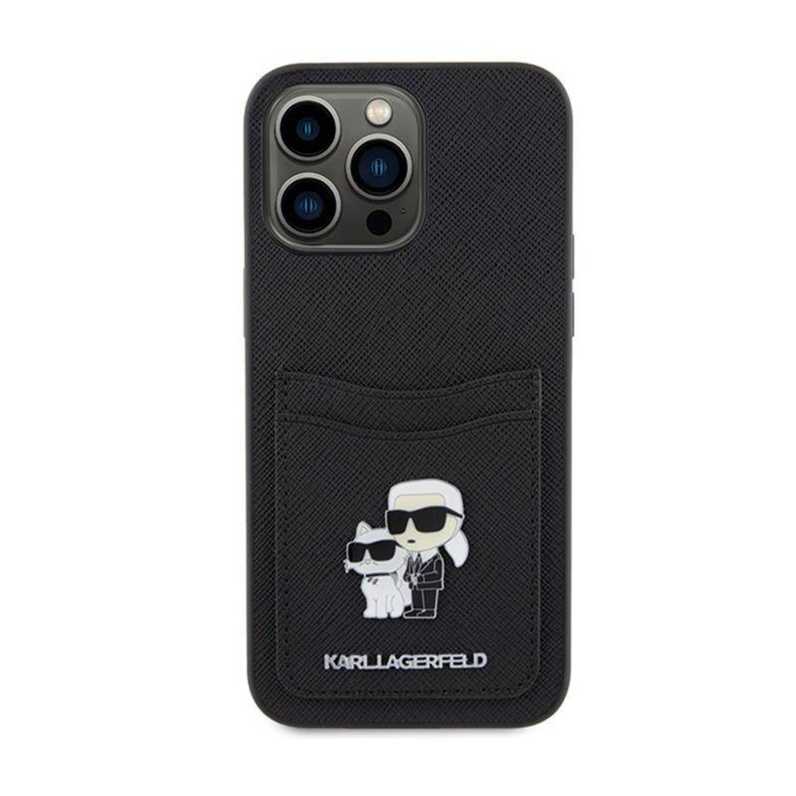 Гръб Karl Lagerfeld PU Saffiano Card Slot Metal Karl and Choupette Case за iPhone 15 Pro - Черен