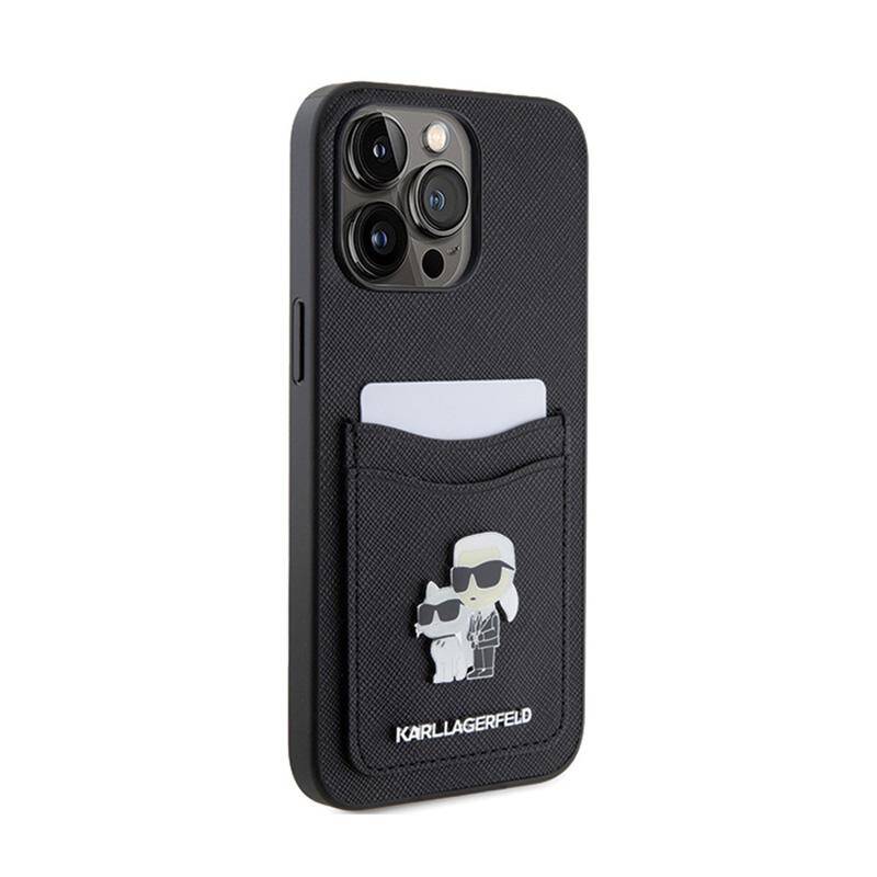 Гръб Karl Lagerfeld PU Saffiano Card Slot Metal Karl and Choupette Case за iPhone 15 Pro - Черен