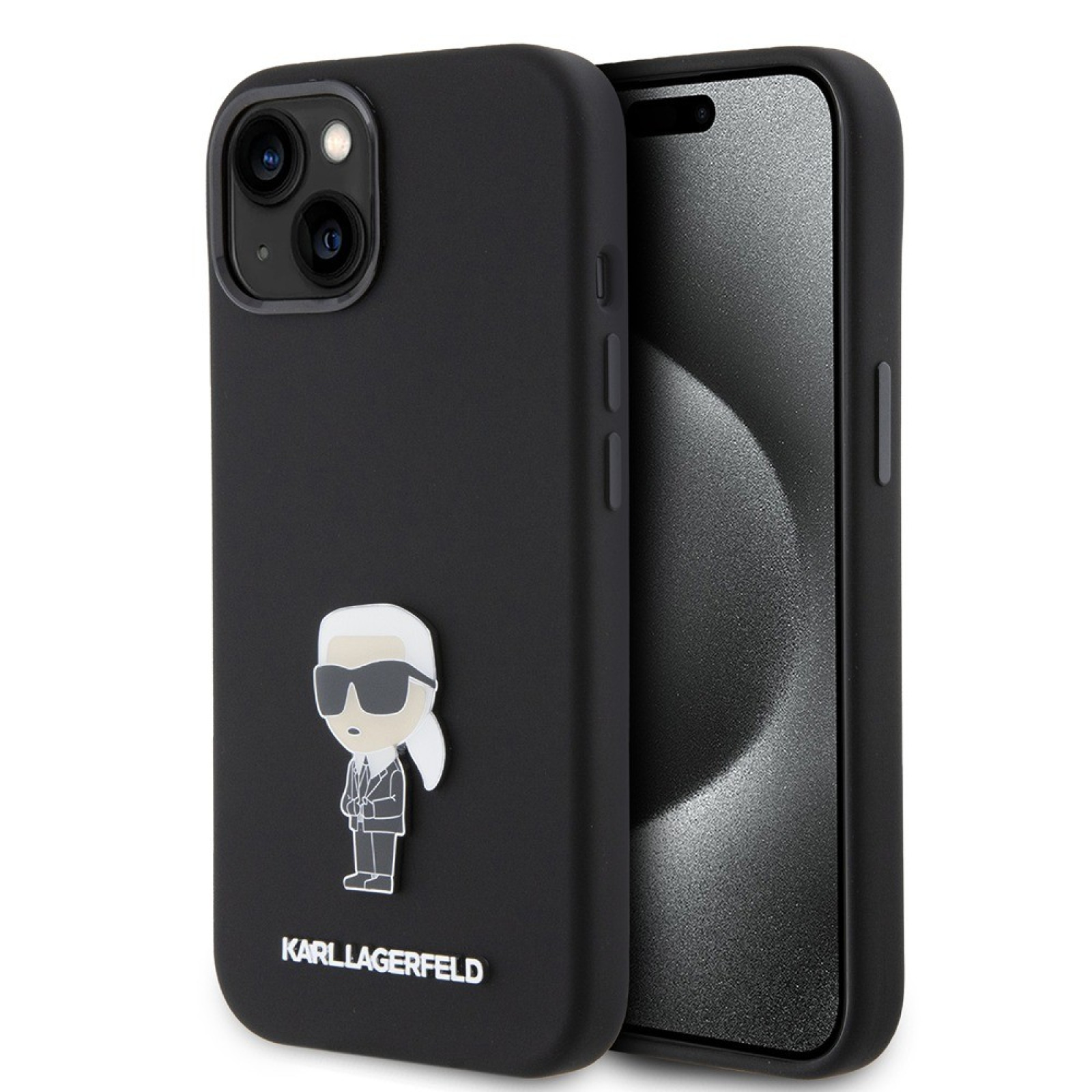 Гръб Karl Lagerfeld Liquid Silicone Metal Ikonik Case за iPhone 15 - Черен