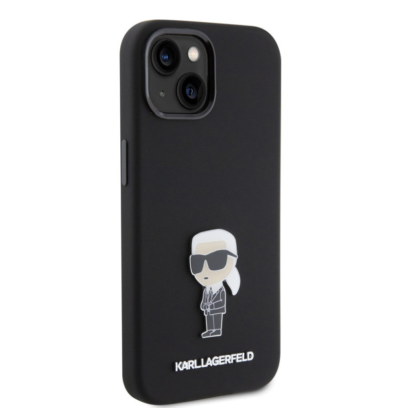 Гръб Karl Lagerfeld Liquid Silicone Metal Ikonik Case за iPhone 15 - Черен