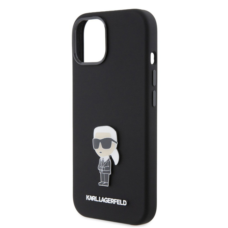 Гръб Karl Lagerfeld Liquid Silicone Metal Ikonik Case за iPhone 15 - Черен