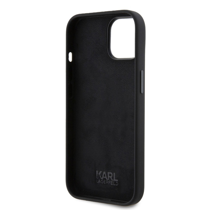 Гръб Karl Lagerfeld Liquid Silicone Metal Ikonik Case за iPhone 15 - Черен