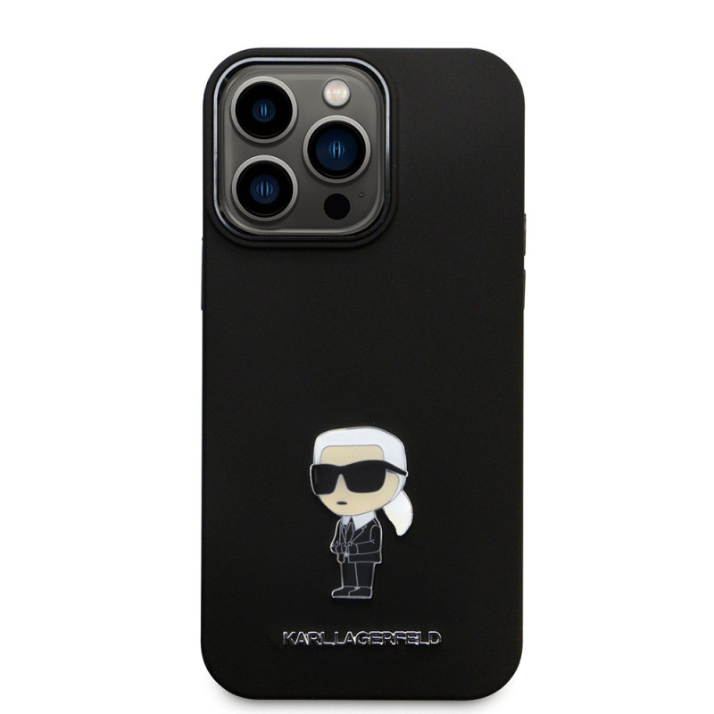 Гръб Karl Lagerfeld  за iPhone 15 Pro Max, Liquid Silicone, Metal Ikonik, Черен