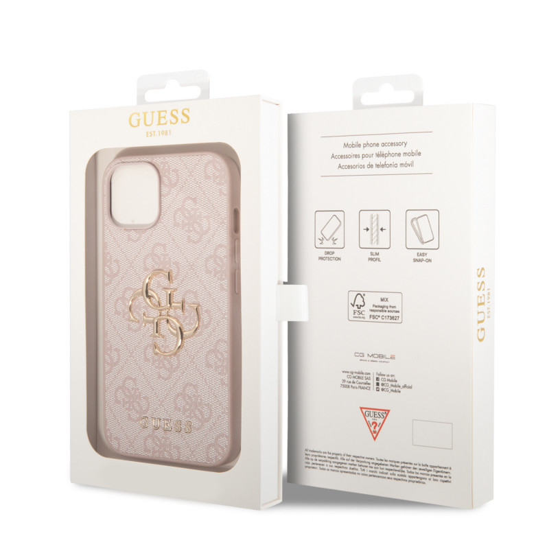 Гръб Guess PU 4G Metal Logo Case за iPhone 15 - Розов