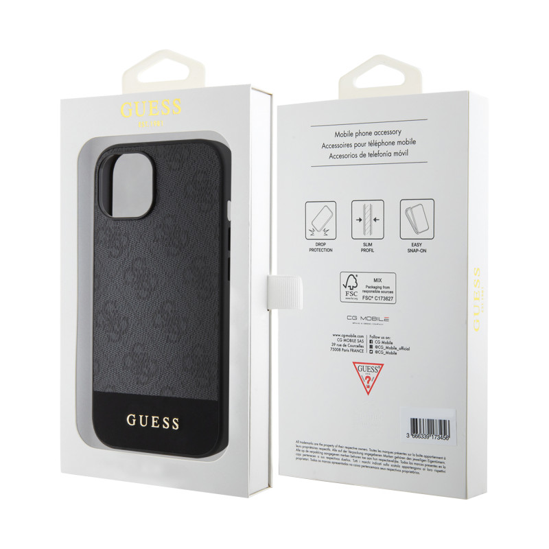 Гръб Guess  за iPhone 15 , PU, 4G Stripe, MagSafe, Черен