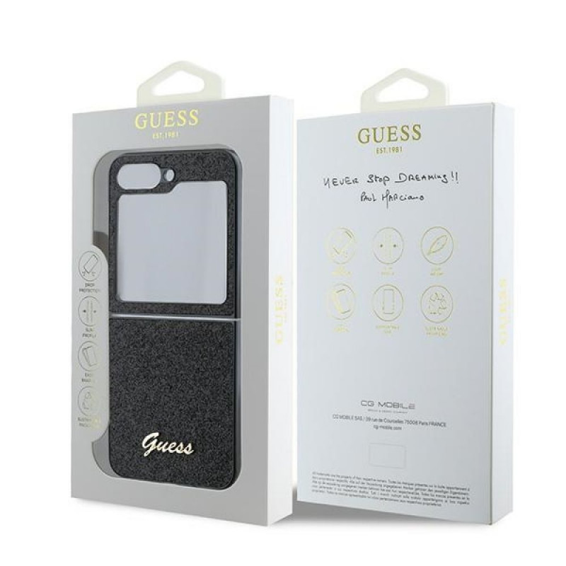 Гръб Guess PC/TPU Glitter Flakes Metal Logo Case за Samsung Galaxy Z Flip 6 - Черен