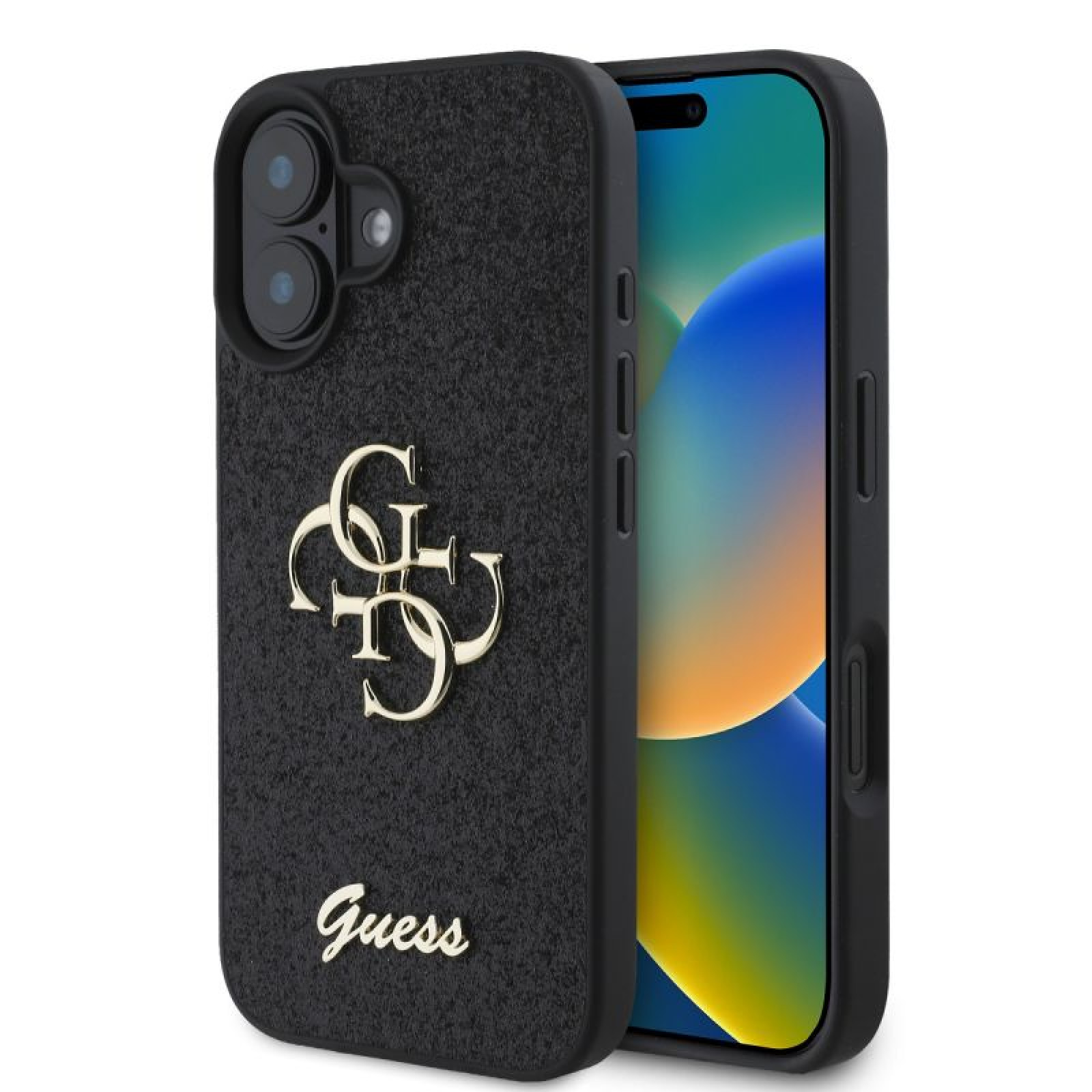 Гръб Guess PU Fixed Glitter 4G Metal Logo Case за iPhone 16 Plus - Черен