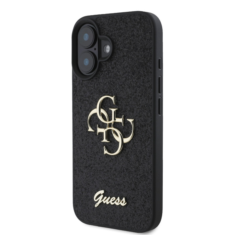 Гръб Guess PU Fixed Glitter 4G Metal Logo Case за iPhone 16 Plus - Черен