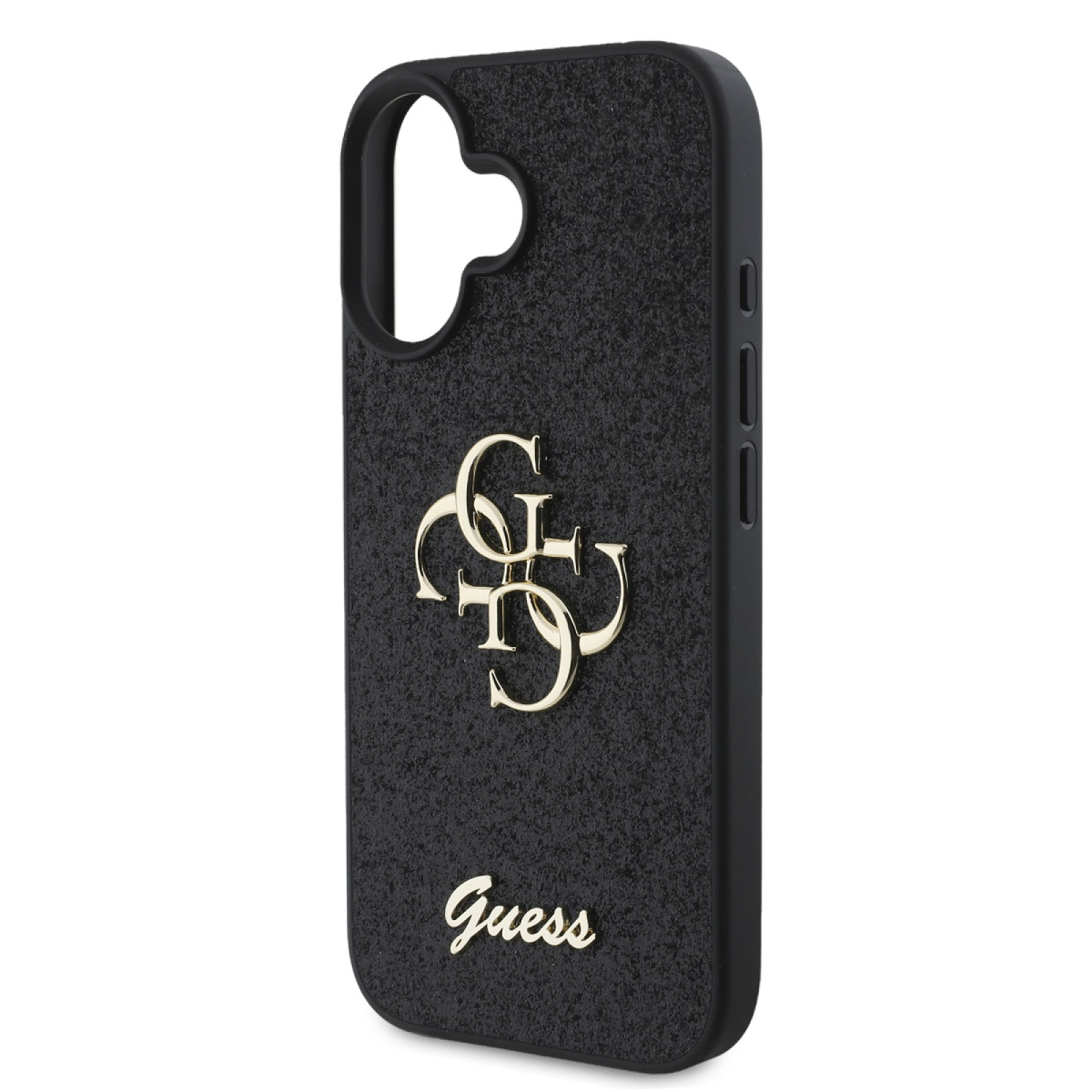 Гръб Guess PU Fixed Glitter 4G Metal Logo Case за iPhone 16 Plus - Черен