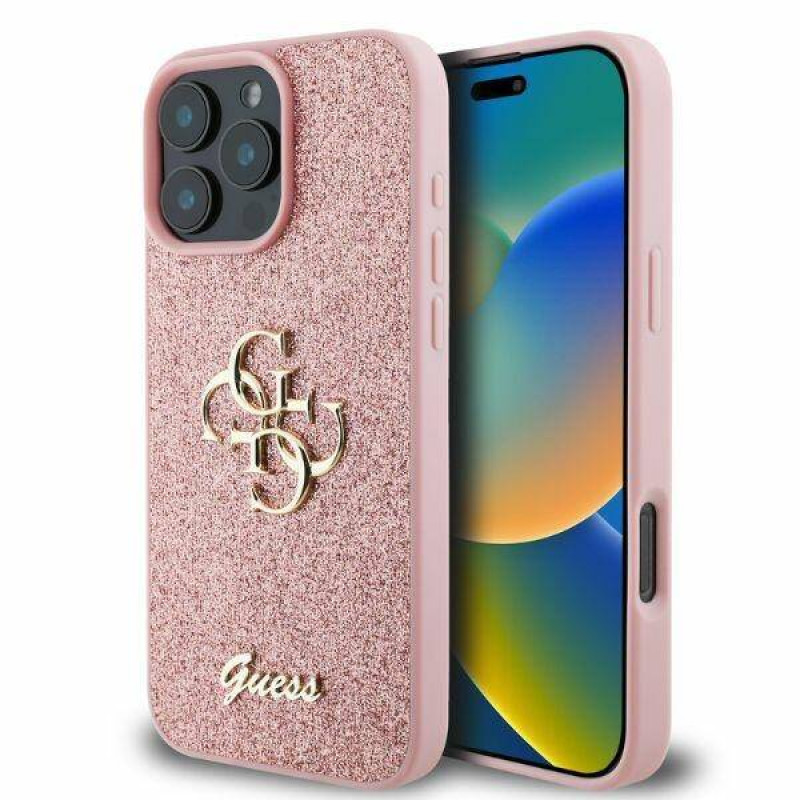 Гръб Guess PU Fixed Glitter 4G Metal Logo Case за iPhone 16 Pro Max - Розов