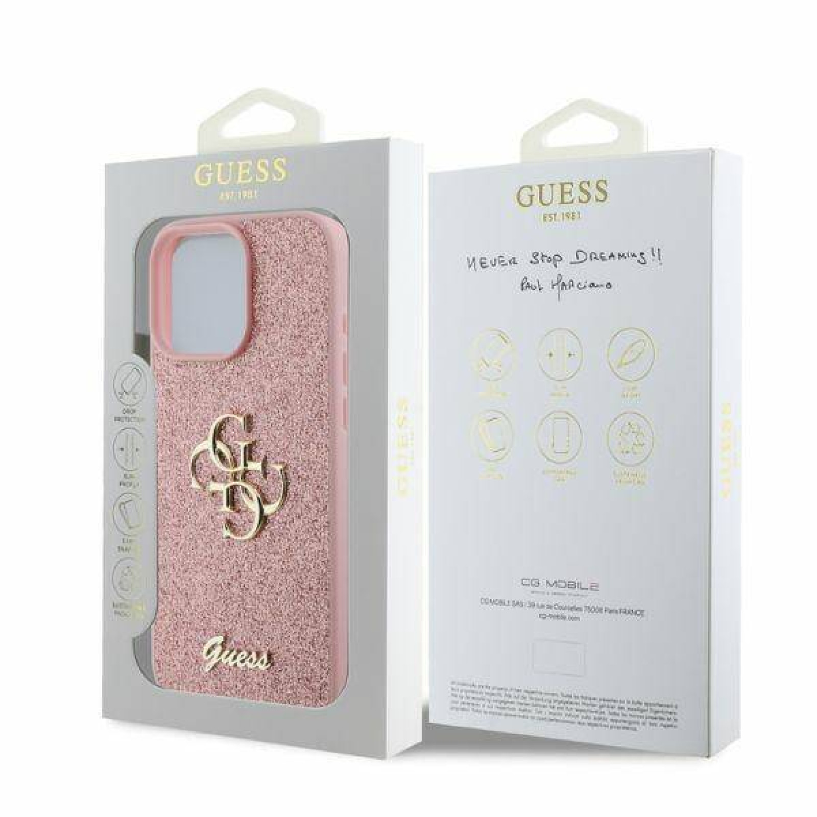 Гръб Guess PU Fixed Glitter 4G Metal Logo Case за iPhone 16 Pro Max - Розов