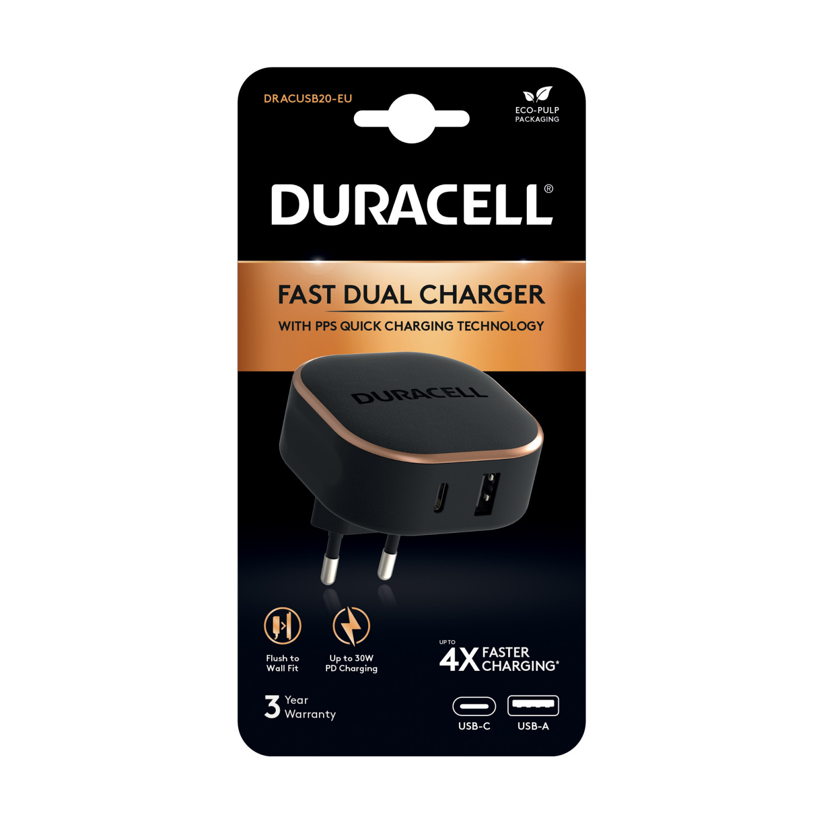 Зарядно 220V Duracell DRACUSB20-EU 1 x USB-C + 1 x USB-A, 30W - Черно