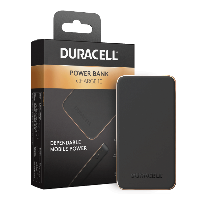 Външна батерия Duracell 10 000 mAh PD 18W Power Bank DRPB3010A , 1 x USB-C + 1 x USB-A - Черна