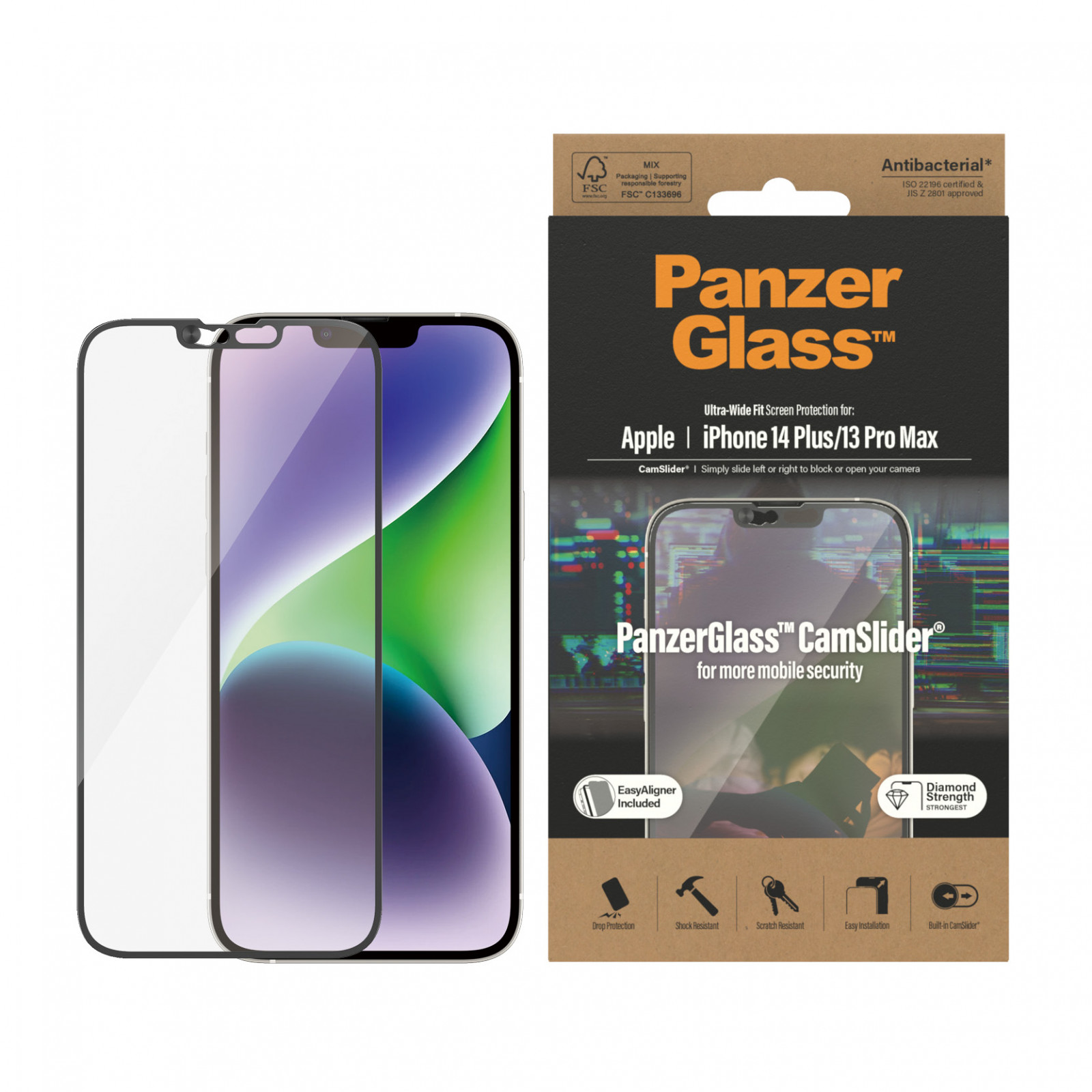 Стъклен протектор PanzerGlass за Apple Iphone 14 Plus/ 13 Pro Max, UWF,Camslider, Antibacterial - Черен