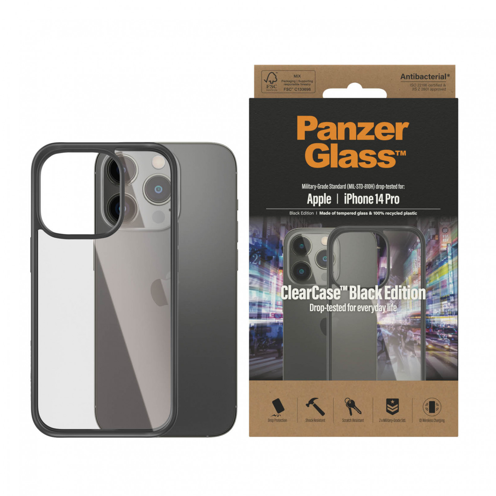 Гръб ClearCase PanzerGlass за Apple Iphone 14 Pro , Antibacterial - Черна рамка