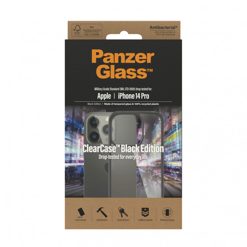 Гръб ClearCase PanzerGlass за Apple Iphone 14 Pro , Antibacterial - Черна рамка