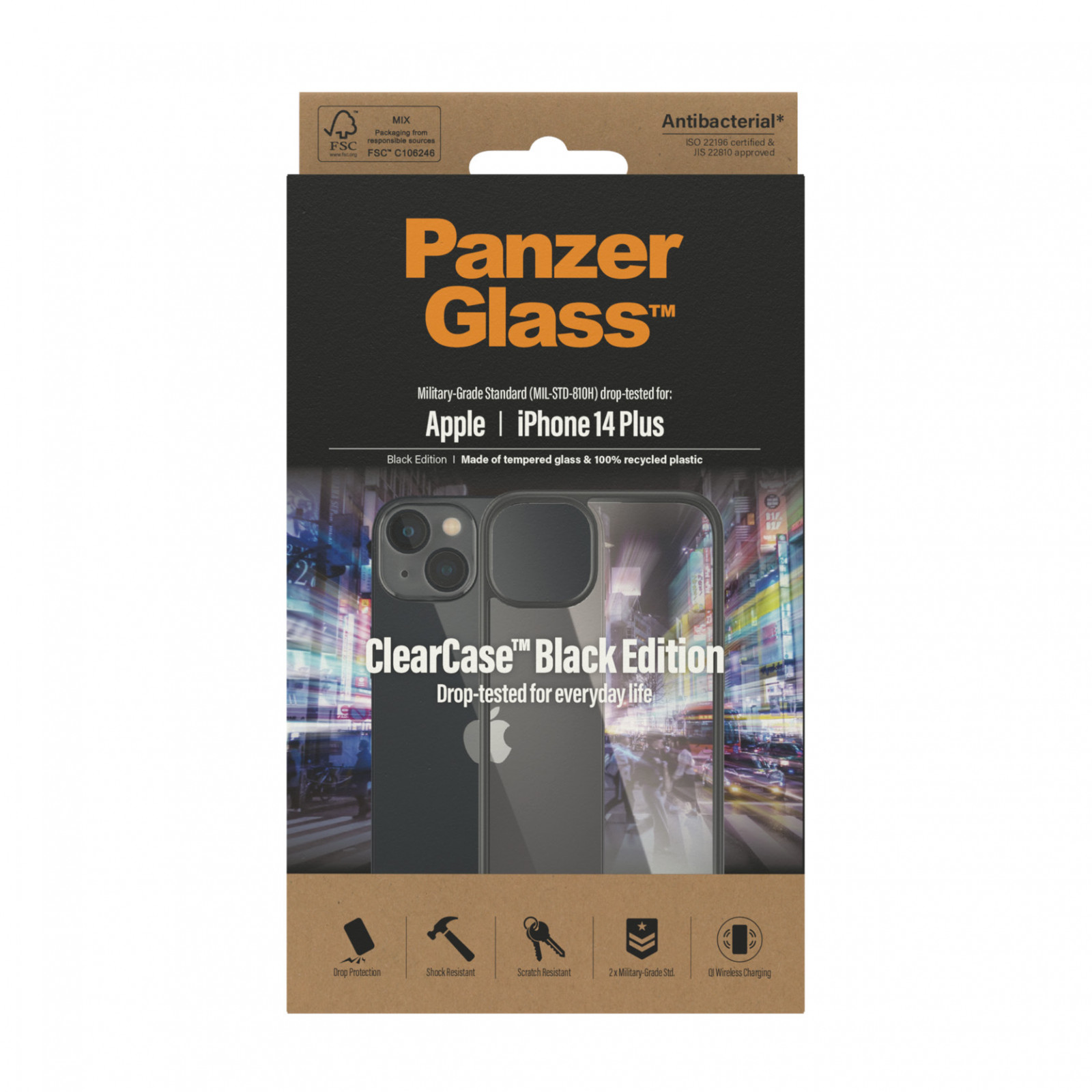Гръб ClearCase PanzerGlass за Apple Iphone 14 Plus , Antibacterial - Черна рамка